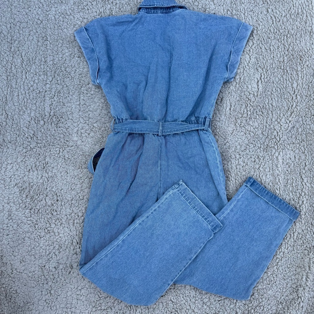 EXPRESS X LADYGANG DENIM JUMPSUIT ZIP JEAN UTILITY JUMPSUIT TIE WAIST Size 2 - Picture 5 of 9